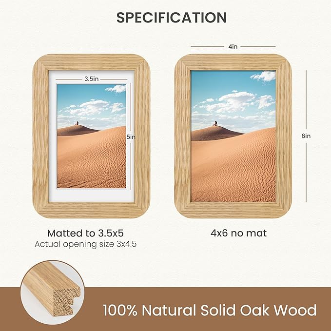 Dreamland 4x6 Picture Frame Set of 3, Solid Oak Wood Photo Frame with Mat for 3.5x5, Round Corner 4 x 6 Matted Picture Frames with Resistant Plexiglass for Wall Mounting or Tabletop, Oak Color