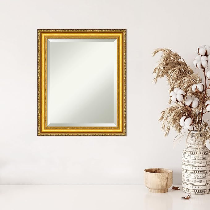 Amanti Art Gold Wall Mirror 24x20 Colonial Embossed Gold Rectangle Bathroom Mirror for Wall Decor Living Room, Small Traditional Wood Frame, Hangs Horizonally and Vertically, Bathroom Decor, Beveled