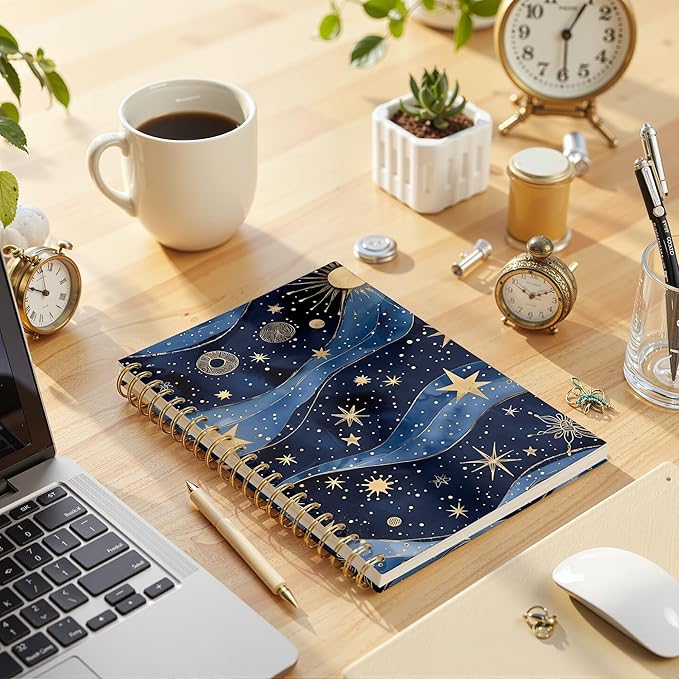 Fantasy Starry Night Sky Space Notebook, Blue and Gold Celestial Sun Star Galaxy Journal, Spiral Notebook Journal, 5.5x8.3 Inch