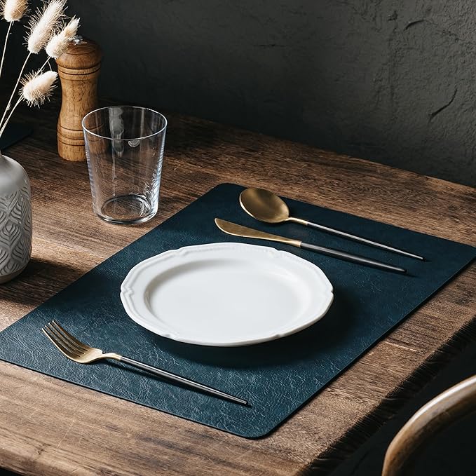 DOLOPL Placemats Set of 8 Reversible Dual-Color Table Placemats– Heat Resistant Wipeable & Washable Place Mats, Luxury Faux Leather Table Mats for Vintage Dining Table Decor (Camel & Navy Blue)