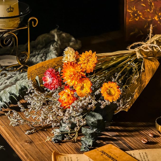 Dried Daisy Flower Bouquet with Eucalyptus, Babies Breath, Used for Home Farmhouse Decor, Table Decor Real Dried Flowers for vase, Gift for Mother Friend. 16.5 Inches