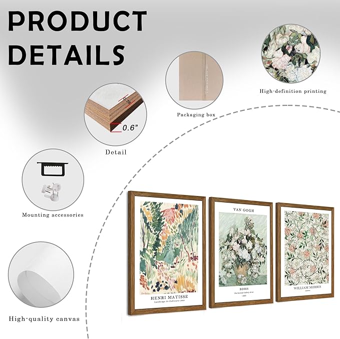 InspiredHues 3 Piece Sage Green Vintage Canvas Wall Art Landscape Flower Botanical Canvas Wall Decor Henri Matisse Van Gogh William Morris Artwork Prints for Bedroom Living Room 16x24 In Wood Frame