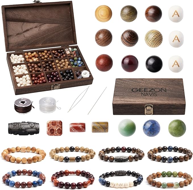 Geezon Navis Bracelet Making Kit - 10mm Natural Wooden Beads with Letters & Stone Beads - 296pcs in 16 Colors - DIY Jewelry Making Starter Kit Adult Men Women Birthday Gift Craft