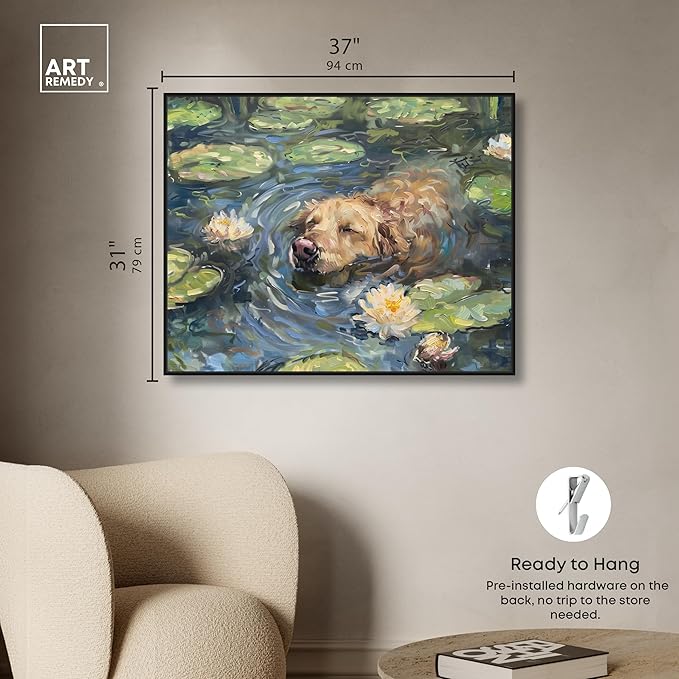 Art Remedy Monet Water Lilies Dog Rustic Chic Farmhouse Canvas Wall Art, Black Floater Frame, 36"x30"