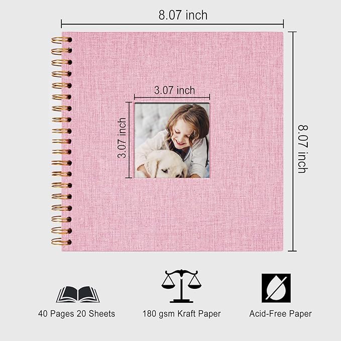 8 x 8 Inch Scrapbook Photo Album, DIY Memory Book Linen Cover for Photos, Hardcover Kraft White Pages Scrap Book Photo Albums for Travel, Wedding Anniversary Family Christmas Baby 40 Pages, Pink