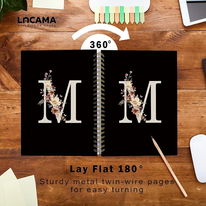 Lacama Cute Initial Letter M School Notebook Journal, Aesthetic Wildflower Personalized Black Spiral Notebook, School Supplies, Customized Monogrammed Gifts, Birthday Gifts for Women, Office Supplies