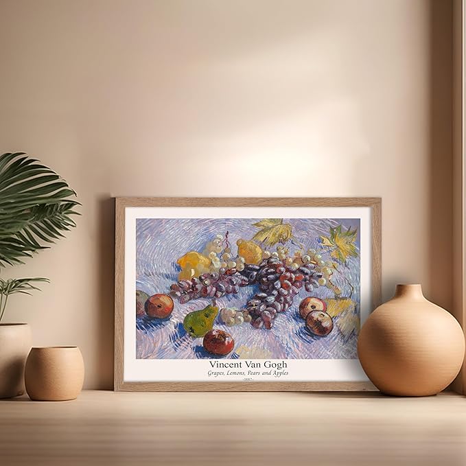 Monem Art Vintage Van Gogh Poster - Retro Grapes Lemons Pears and Apples Print - Impressionism Art - Fruit Art - Fine Art - Classic Painting Art - Great Kitchen Decor - 16x20 Beige Framed