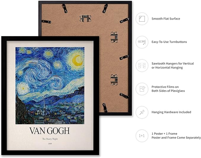 Monem Art Vintage Van Gogh Poster - Retro Impressionist Print - The Starry Night, Moon, Stars, Abstract - Gift for Artist, Friend - Wall Decor for Home, Office, 8x10 Black Framed