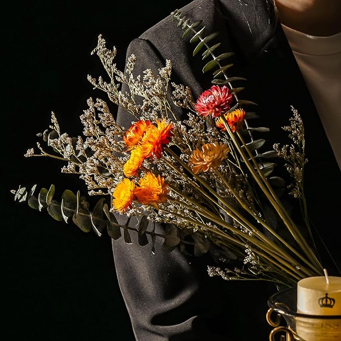 Dried Daisy Flower Bouquet with Eucalyptus, Babies Breath, Used for Home Farmhouse Decor, Table Decor Real Dried Flowers for vase, Gift for Mother Friend. 16.5 Inches