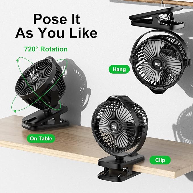 Minthouz Clip on Fan - 720° Rotation Portable Small Fan with LCD Digital Display, 8000mAh Low Noise Desk Fan for Outdoor Camping/Stroller/Home/Office