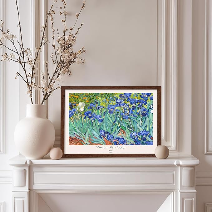 Monem Art Vintage Van Gogh Poster - Retro Irises Print - Impressionism Art - Floral Art - Fine Art - Flower Art - Classic Painting Art - Aesthetic Living Room Wall Decor - 8x10 Brown Framed