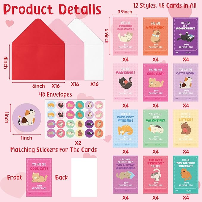 TICIAGA 144pcs Valentine's Day Cartoon Cat Animal Greeting Card with Envelop and Stickers for Kids, Cute Catling Pet Notecard Exchange Gift for Boys and Girls School Classroom Valentines Party Favors