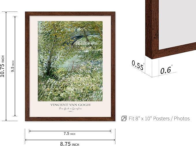 Monem Art Vintage Van Gogh Poster - Retro Impressionist Print - River Bank in Springtime, Flowers, Landscape - Gift for Artist, Friend - Wall Decor for Home, Office, 8x10 Brown Framed