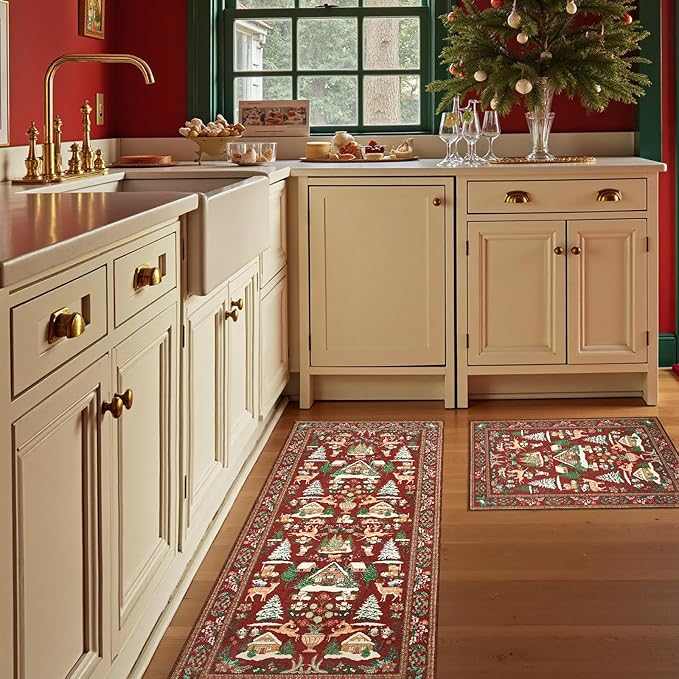 jinchan Christmas Rug 2x3 for Entryway Kitchen Small Maroon Holiday Rug for Porch Bathroom Christmas Tree and Cabin Printed Winter Xmas Decor Washable Doormat for Bedroom Non Slip