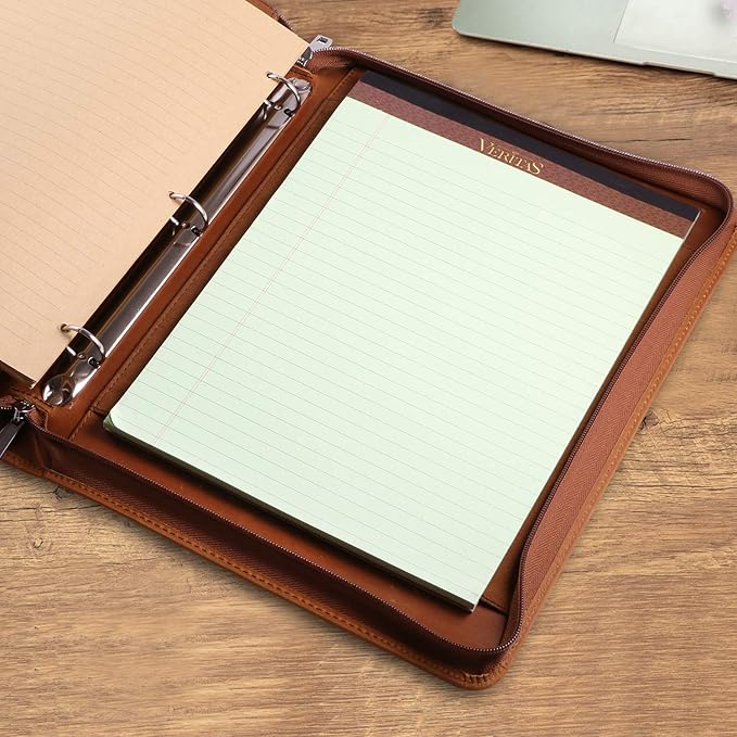 Professional Leather Business Padfolio Portfolio Case, 3 Ring Binder,Zippered Business Document Organizer Tablet Holder Folder Case,with Letter Size Notepad (Brown Upgraded Version)