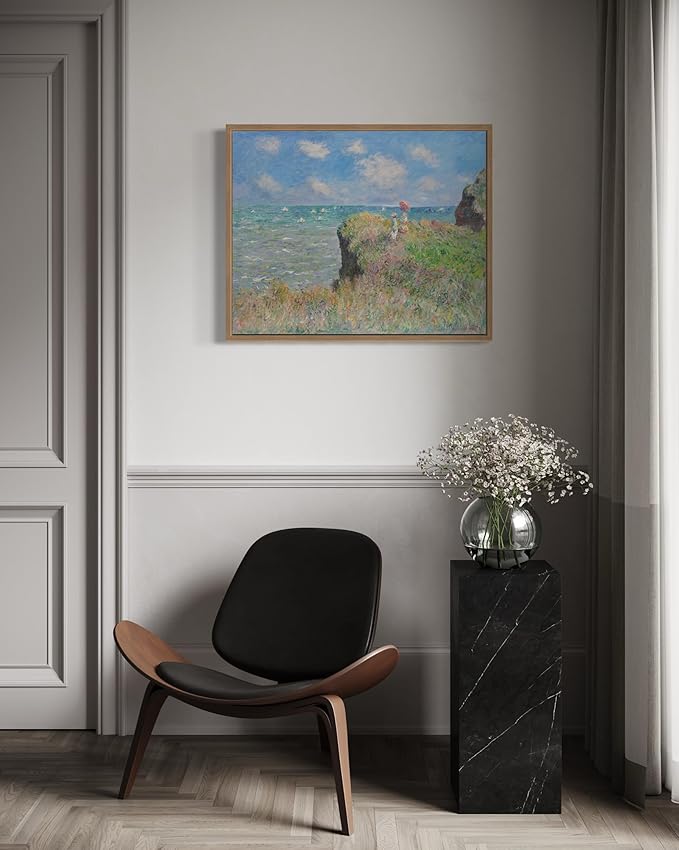 The Cliff Walk Claude Monet Wall Art Print Poster, Impressionist Painting Wall Art Wall Decor, for Bedroom and Living room Bathroom Decor 115 (The Cliff Walk, 16 x 20 inches, Wood Frame)