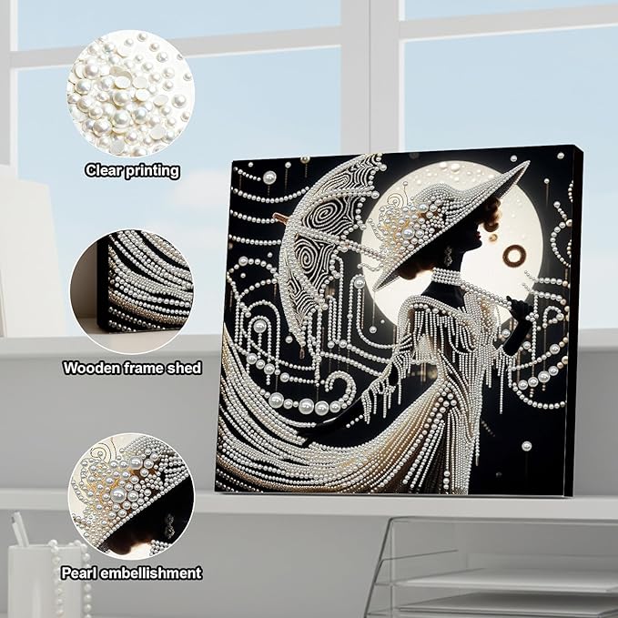 DIY Pearl Painting Kit with Wooden Frame, 3D Plastic Pearl Gemstone Ocean Art Craft for Adults Beginners, Diamond Art Kits for Adults, Home Wall Decor Ready Gift for Women(Umbrella Lady)(30 * 30cm)