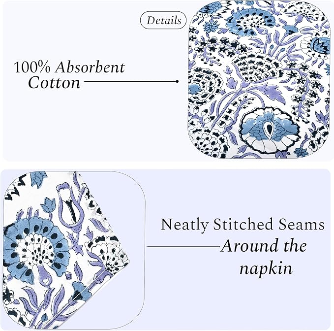 CPC Cloth Napkins 100% Cotton Set of 4 Reusable Napkins, Indian Block Print Toile Floral Dinner Napkin, Fall Thanksgiving Christmas Holiday Party Gift - Soft Absorbent Napkin, 18"x18" Indigo Blue
