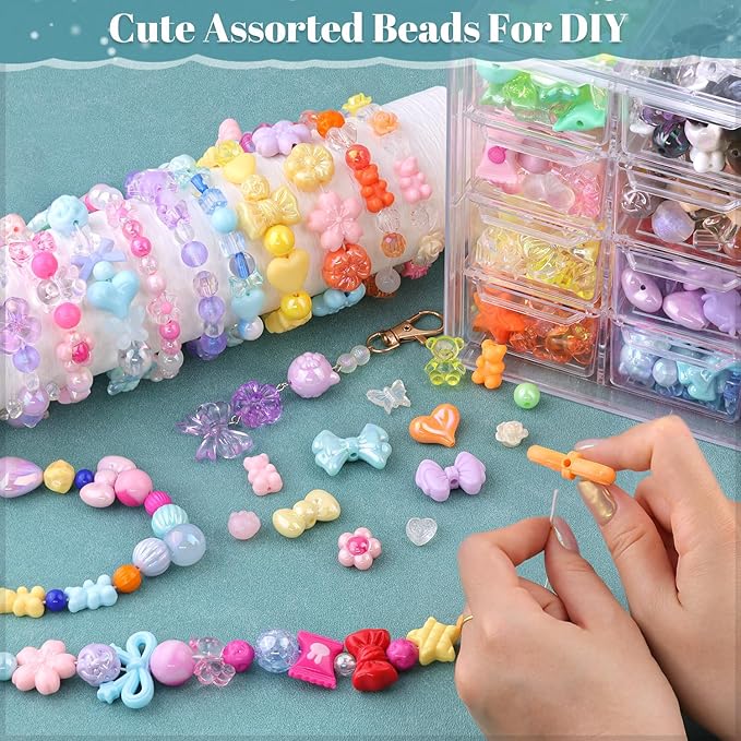 400-450PCS TINKRSTUFF Assorted Acrylic Beads, 6 Colors Series Cute Beads for Bracelet Making, Bow Flower GummyBear Kawaii Charms, Aesthetic Bead for Necklace Keychain Jewelry Making DIY Phone Charm