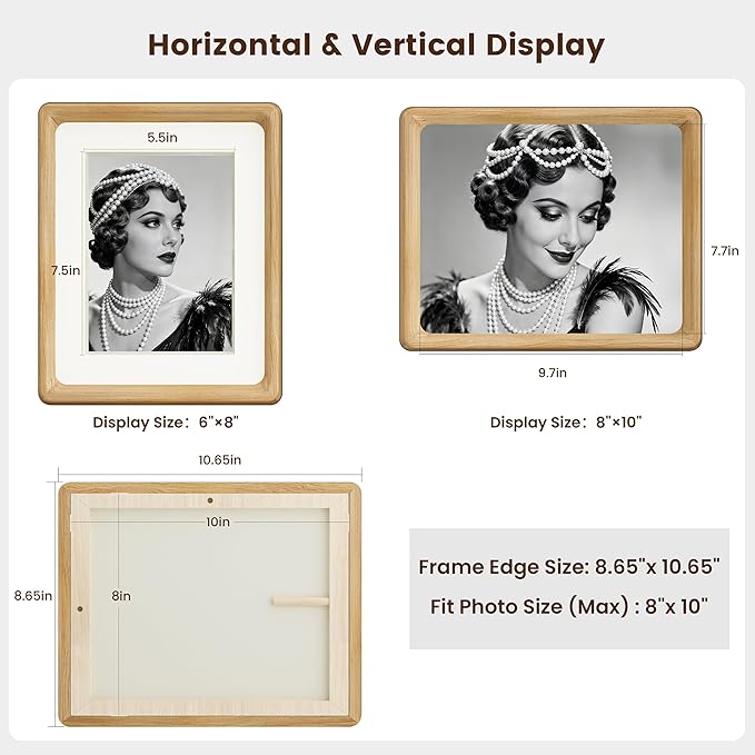 HELPLEX 8x10 Picture Frame Set of 2 - Matte White Oak Wood with HD Tempered Glass, Adjustable for 6x8/5x7 Matted or 8x10 Open, Gallery-Quality Vertical/Horizontal Wall or Tabletop Display