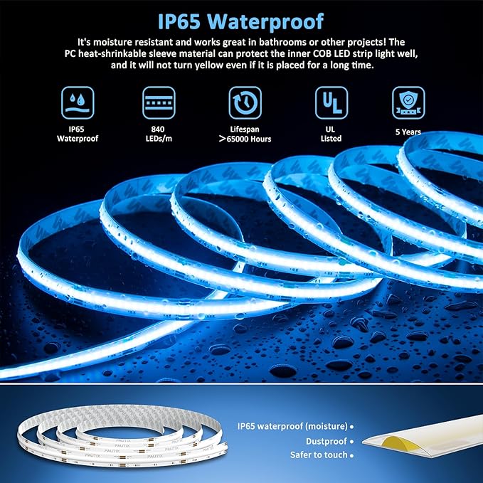 PAUTIX RGB COB LED Strip Light IP65 Waterproof 16.4ft/5m,UL Listed 24V Color Changing Flexible Tape Lights Multicolor with 4200LEDs,for TV,Bedroom,Party DIY Decoration(Adapter&Controller Not Included)