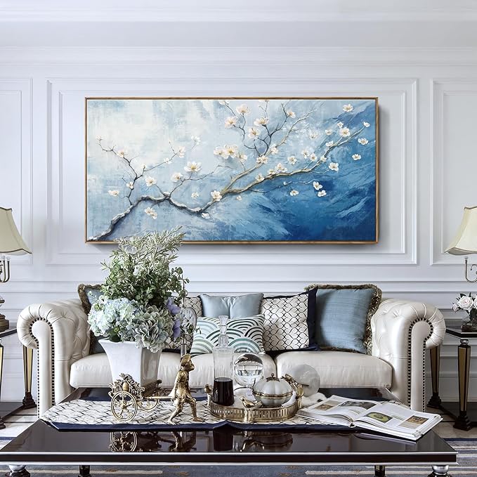 Extra Large Framed Floral Wall Art - 58x29 Inch Blue and White Plum Blossom Canvas Print with Wooden Frame - Elegant Botanical Decor for Bedroom & Living Room