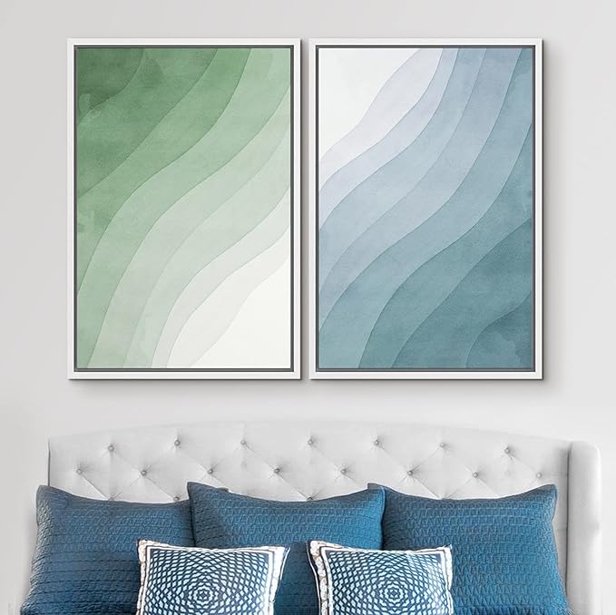 SIGNWIN Framed Canvas Print Wall Art Set Pastel Watercolor Green Blue Wave Collage Abstract Shapes Illustrations Modern Art Minimal Boho Colorful for Living Room, Bedroom, Office - 24"x36"x2 White