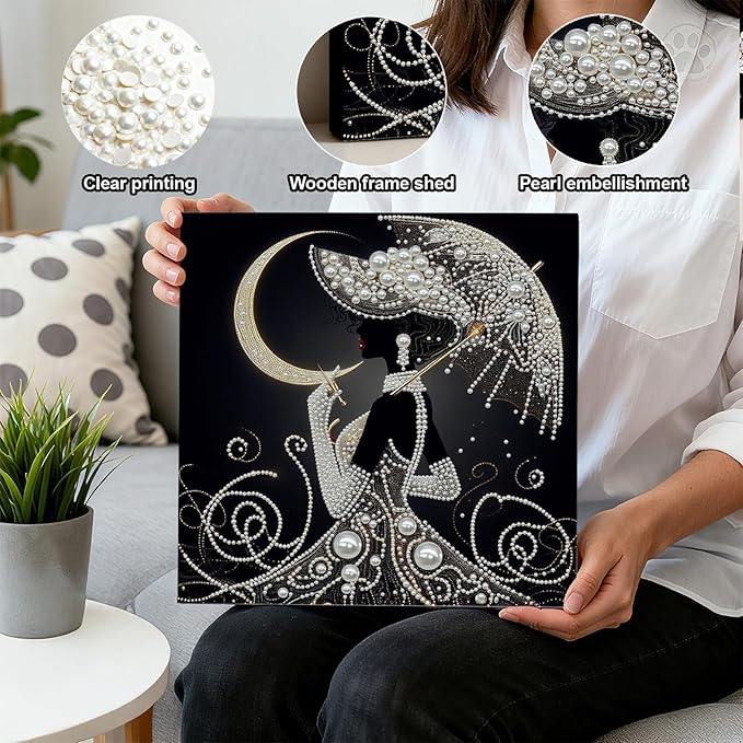 DIY Pearl Painting Kit with Wooden Frame, 3D Plastic Pearl Gemstone Ocean Art Craft for Adults Beginners, Diamond Art Kits for Adults, Home Wall Decor Ready Gift for Women(Moon Umbrella Woman)(30*30cm