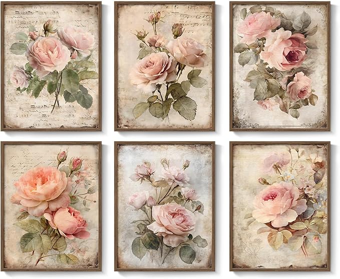 Framed Vintage Floral Wall Art, Set of 6 Retro Botanical Flower Canvas Painting Prints Artwork for Rustic Farmhouse, Elegant Pink Rose Pictures for Bedroom Living Room Kitchen Office Home Decor, 11x14