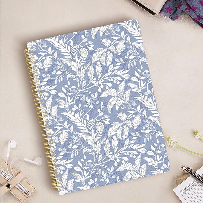 Cute Spiral Notebook journal A4 Aesthetic Pretty Design for Women Girls Kawaii with Pocket, 8.5 x 11 inch, Graph, Blue Leaves