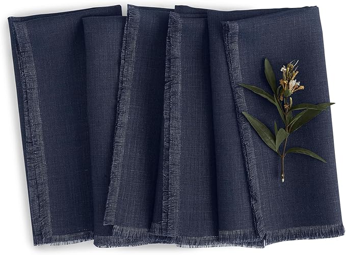 Solino Home Navy Blue Linen Napkins Set of 4-100% Pure Linen Cloth Washable Dinner Napkins 20 x 20 Inch for Winter - Fringe