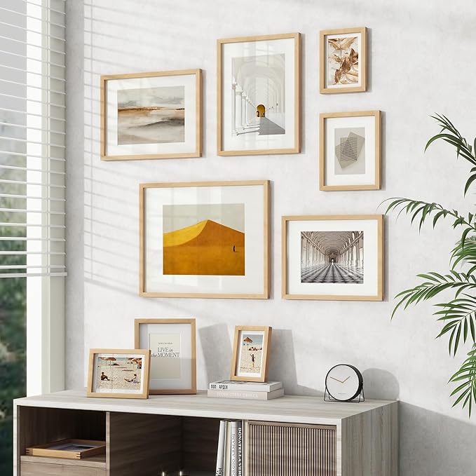 8x10 Picture Frame, USA-Sourced Natural Beech Wood Photo Collage Frame with HD Tempered Glass, Modern Simple 8 x 10 Wooden Frame Matted to 5x7, Gallery Wall Frames for Art, Wall or Tabletop Display