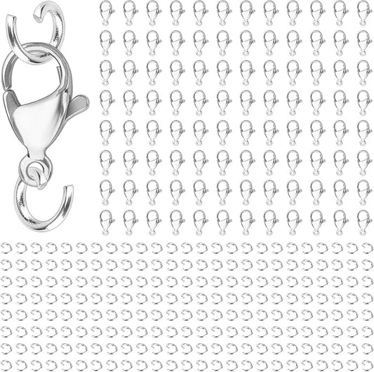 300pcs Stainless Steel Lobster Claw Clasps for Necklace/Bracelet Jewelry Making, 12mmx6mm Jewelry Clasps and Closures, Tarnish-Resistant & Colorfast Lobster Clip Findings & Open Jump Rings Set
