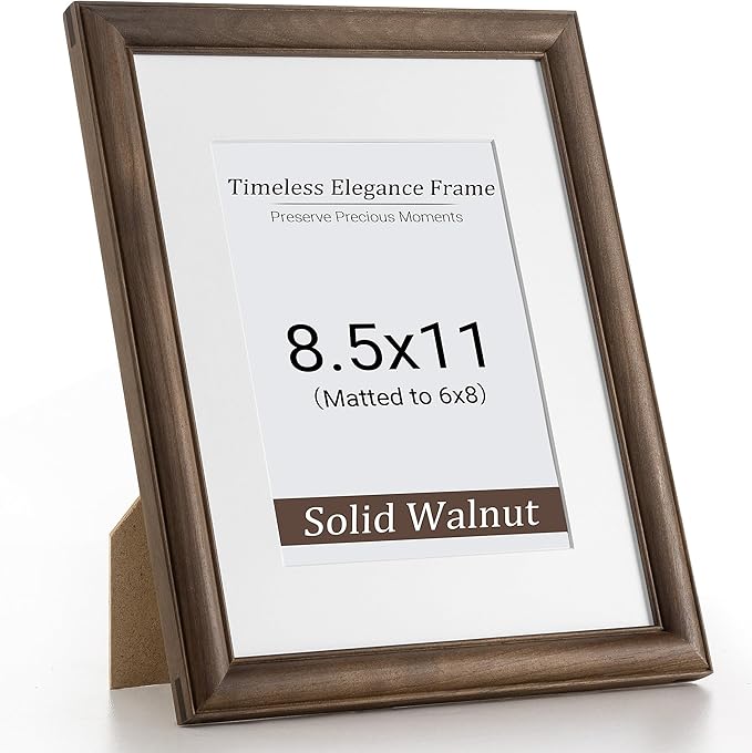 Heimlove 8.5x11 Picture Frame,Natural Solid Walnut Wood Frame Matted to 6x8 with Tempered Glass,8.5"x11" Handcrafted Diploma Document Frames Frame Vertical or Horizontal Wall Hanging Display,1 Pack