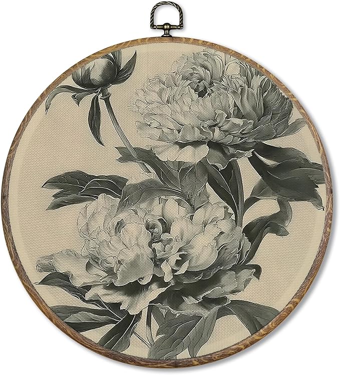 FUGWN Vintage Peony Floral Round Wall Art Decor Framed, Cottagecore Peony Flower Canvas Artwork Prints, Retro Classic Floral Wall Hanging Decorations for Home Bedroom Living Room, 10x10 Inch