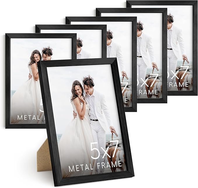HAUS AND HUES 5x7 Black Metal Picture Frames - Black 5X7 Photo Frames - Features Premium Aluminum, Vertical Hanging, Easel Back for Tabletop, Home, Office (5x7 in, Black, Set of 6)
