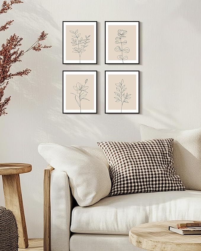 Drsoum Botanical Boho Framed Wall Art Wooded Minimalist Aesthetic Flower Prints Farmhouse Retro Plants Rustic Bathroom Kitchen Home Decor Ready to Hang 8x10inx4pcs (Black Framed)