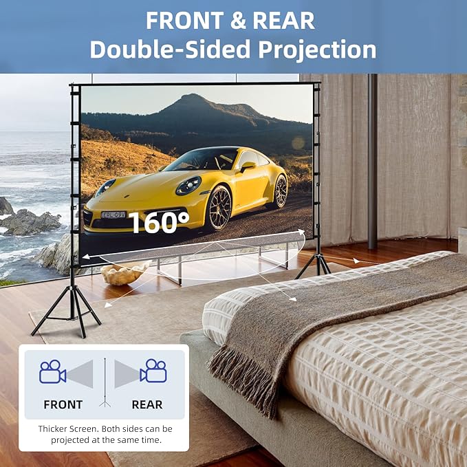TOWOND Projector Screen and Stand, 120 inch Outdoor Projection Screen, Portable 16:9 4K HD Rear Front Movie Screen with Carry Bag Wrinkle-Free Design for Home Theater Backyard Cinema
