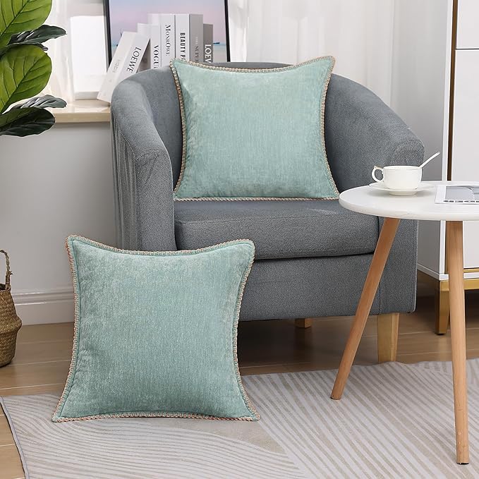 decorUhome Spring Chenille Soft Throw Pillow Covers 26x26 Set of 2, Farmhouse Velvet Neutral Decorative Euro Sham Pillow Covers with Stitched Edge for Couch Sofa Bed Home Decor, Aqua Haze