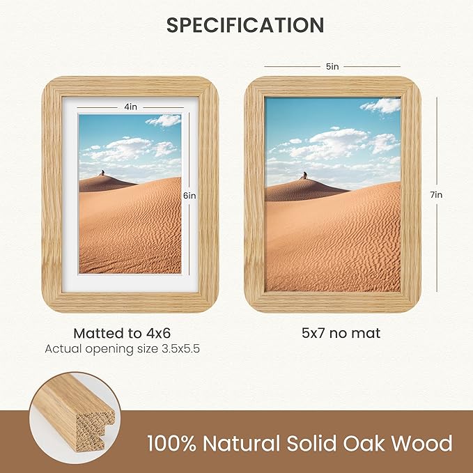 Dreamland 5x7 Picture Frame Set of 3, Solid Oak Wood Photo Frame with Mat for 4x6, Round Corner 5 x 7 Matted Picture Frames with Resistant Plexiglass for Wall Mounting or Tabletop, Oak Color