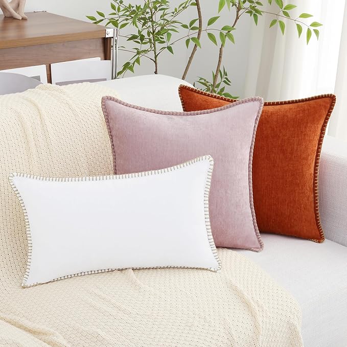 decorUhome Spring Chenille Soft Throw Pillow Covers 20x20 Set of 2, Farmhouse Velvet Neutral Decorative Pillow Covers with Stitched Edge for Couch Sofa Bed Home Decor, White