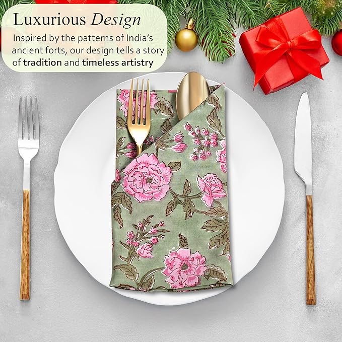 CPC Cloth Napkins 100% Cotton Set of 4 Reusable Napkins, Indian Block Print Toile Floral Dinner Napkin, Fall Thanksgiving Christmas Holiday Party Gift - Soft Absorbent Napkin, 18"x18" Pink Tourmaline