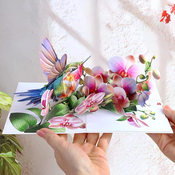 Birthday Cards for Women - Hummingbird Pop Up Card, Handmade Gift for Mom, Wife, Grandma, Daughter, Friend – Greeting Cards for All Occasions (Hummingbird and Orchid)