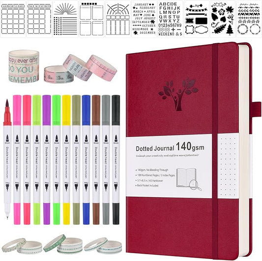 Bullet Dotted Journal Kit, 140gsm Hardcover A5 Dotted Journal with 188 Numbered Pages and 3 Index, 12 Brush Pens Dual Tip, 10 Stencils and 14 Washi Tape for Women Men Teen Girls, Burgundy