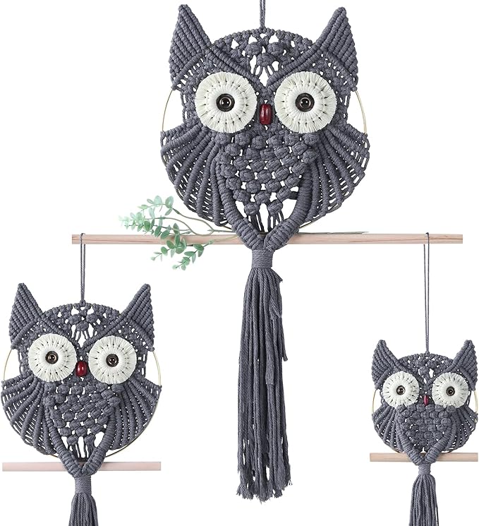 MVSUTA Owl Grey Cotton Handmade Macrame Wall Hanging Tapestry Home Decor Art and Gray Craft Wonderful Decoration Woven Boho Ornament for Office Bedroom Apartment Nursery Gallery,3pcs set:1pc L & 1pc M