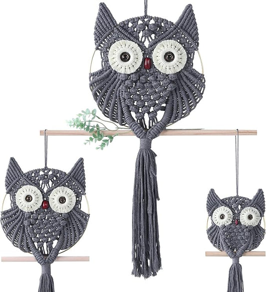 MVSUTA Owl Grey Cotton Handmade Macrame Wall Hanging Tapestry Home Decor Art and Gray Craft Wonderful Decoration Woven Boho Ornament for Office Bedroom Apartment Nursery Gallery,3pcs set:1pc L & 1pc M