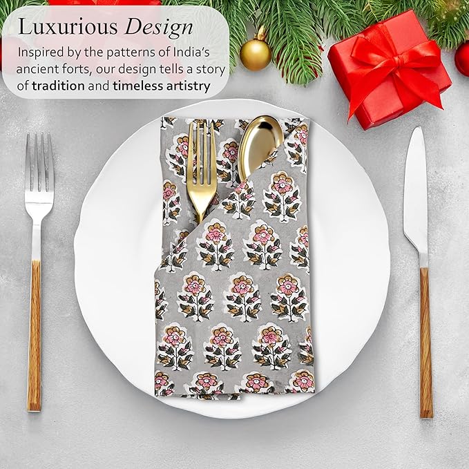 CPC Cloth Napkins 100% Cotton Set of 4 Reusable Napkins, Indian Block Print Toile Floral Dinner Napkin, Fall Thanksgiving Christmas Holiday Party Gift - Soft Absorbent Napkin, 18"x18" Labra Gray