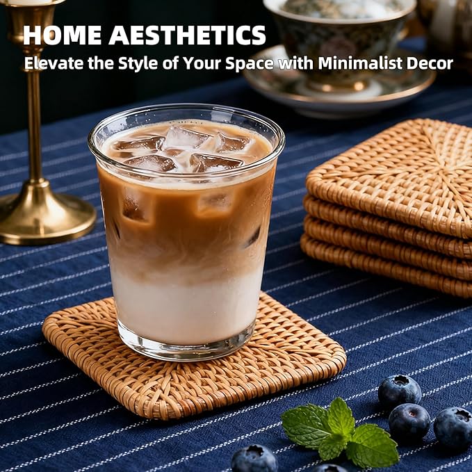 Handmade Rattan Coasters Set of 6 with Holder - Woven Aesthetic Drink Coasters for Table & Desk, Natural Boho Farmhouse Rustic Coffee Cup Pads, Home Bar Patio Table Outdoor Decor (Square)
