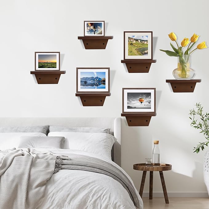 PHOENANCEE Small Floating Shelves,Speaker Shelf,Trapezoid Wall Shelf for Table Lamp Plants Display,Decorative Wood Ledges Chic for Living Room,Bedroom,Kitchen,Office,Pine,8x6 Inch,4 Pack(Walnut)