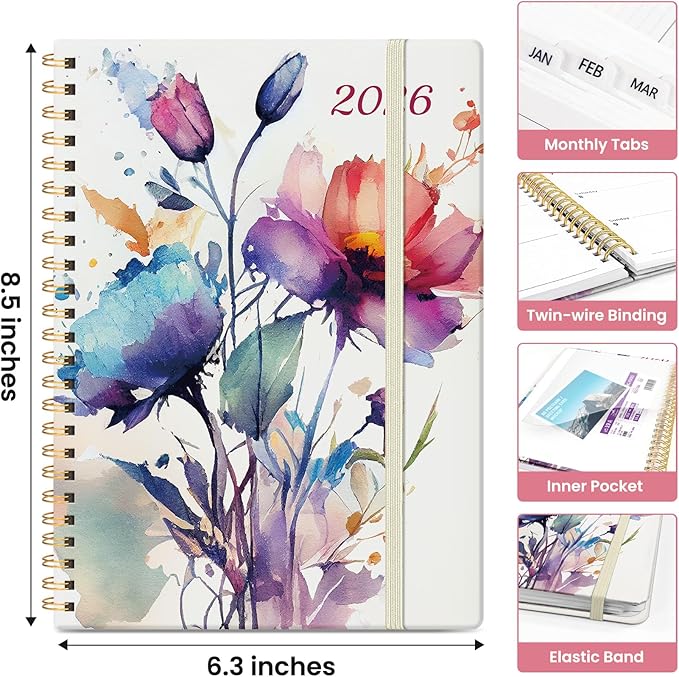 2026 Planner, Monthly and Weekly Calendar Planner for Women, Jan 2026 - Dec 2026, Hardcover Pretty 2026 Agenda Planner Book with Tabs, Spiral Bound, Perfect for School Office Home Supplies, 6.3" x 8.5" - Painted Bloom